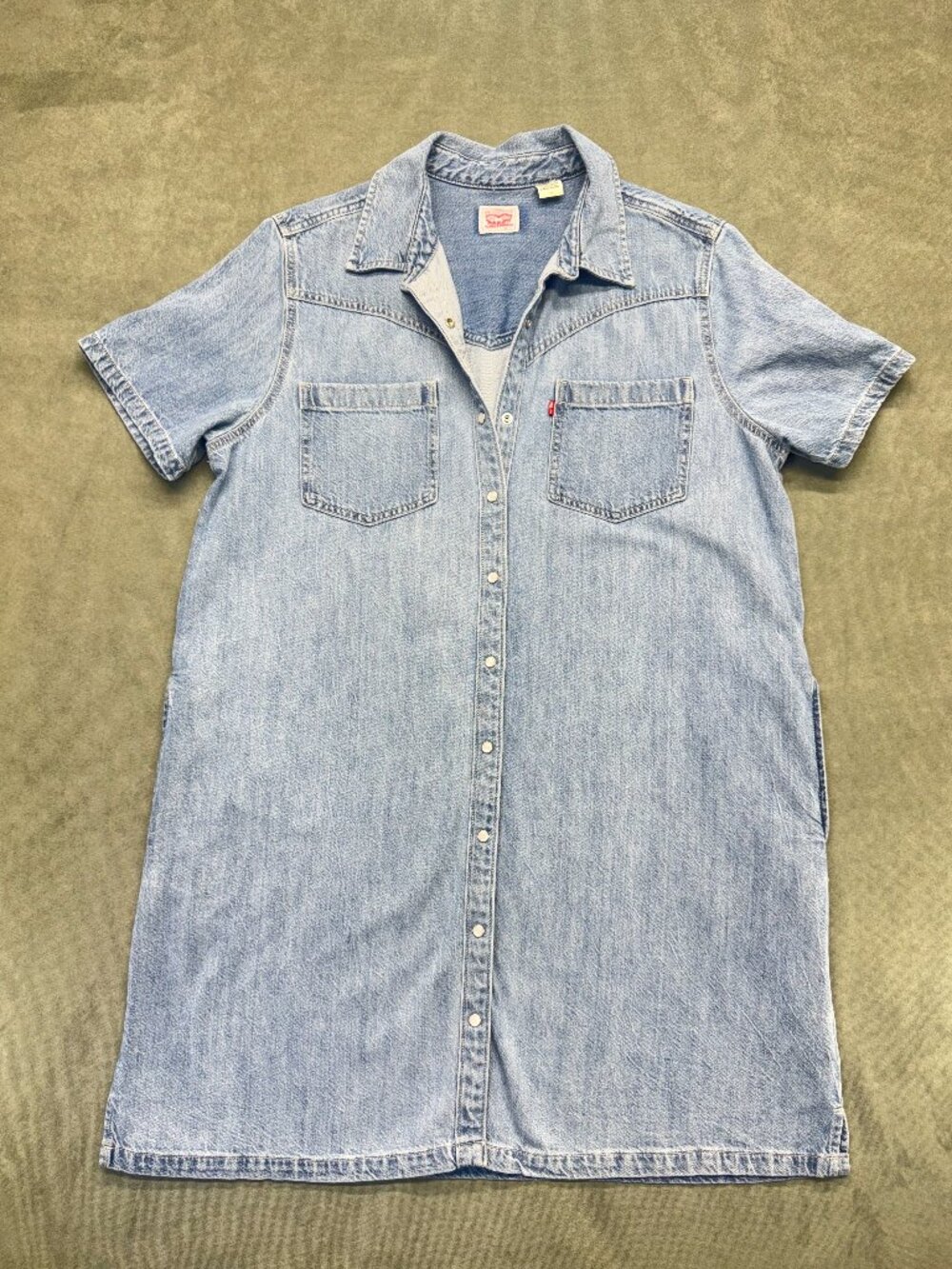 Levi's Denim Shirt Dress Womens Large Light Wash Pearl Snap Western Short Sleeve